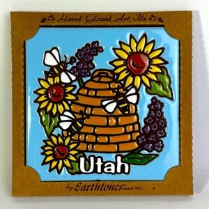 Hand Glazed Art Tile with Honey Bees & Flowers & Utah 6” x 6” Trivet